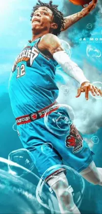 This live wallpaper depicts a man flying in the air, holding a basketball ball in one hand