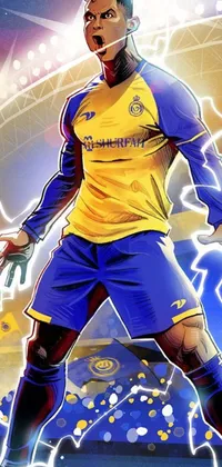 This electrifying phone live wallpaper showcases a man on top of a soccer field, surrounded by yellow lightning