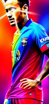 This phone live wallpaper portrays a soccer player with hands on hips in vibrant colors