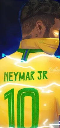 This phone live wallpaper features a vector art image of a man wearing a yellow and green soccer jersey