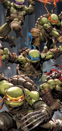 This live wallpaper features a group of teenage turtles fighting with swords, creating an action-packed scene for your phone