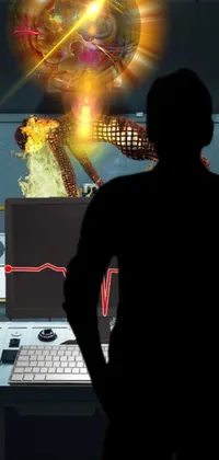 This stunning phone wallpaper depicts a man engrossed in his work on a laptop, with Matrix servers ablaze in the background