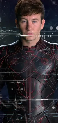 This phone live wallpaper features a striking close-up of a person wearing a sharp suit, surrounded by red skintight leather armor