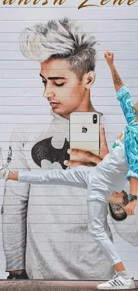 This live wallpaper for phone features a little boy in front of a hyperrealistic street art painting