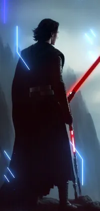 This 4K UHD live wallpaper showcases a menacing figure wielding a red light saber atop a mountain summit