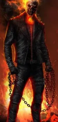 This phone live wallpaper features a rugged man in a leather jacket standing in front of a blazing fire