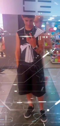 This phone live wallpaper depicts a man standing in a store, engrossed in his cell phone