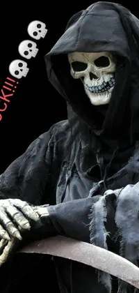 Looking for a phone live wallpaper that screams heavy metal vibes? Check out this design featuring a spooky skeleton figure holding a sharp scythe, covered in a deep black robe while sitting in a rocking chair