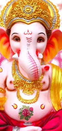This phone live wallpaper features a high-definition rendering of a majestic elephant statue set against a backdrop of white and pink cloth