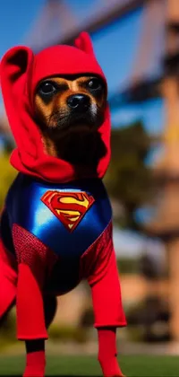 Bring some fun and charm to your smartphone with this live wallpaper featuring a small dog dressed up as Superman