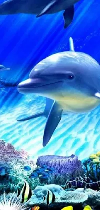 This ocean-themed live wallpaper features two colorful dolphins gracefully swimming in the water with corals and fish surrounding them