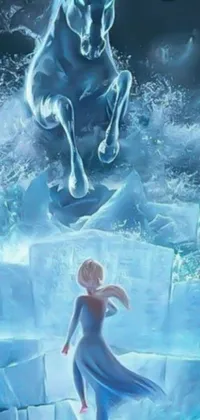 This is a stunning live wallpaper for phones featuring a girl in a blue dress standing beside a horse in a snowy landscape