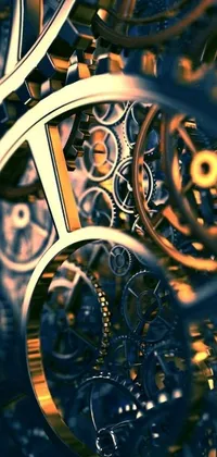 This phone live wallpaper showcases a mesmerizing close-up of a clock, adorned with intricate golden gears