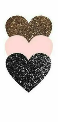 This phone live wallpaper showcases three sparkling glitter hearts set against a white background with tachisme-inspired black and gold color scheme