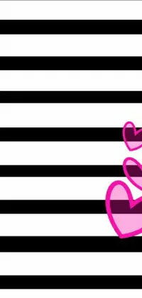 This Live Phone Wallpaper features two pink hearts on a black and white striped background, perfect for those who love minimalist yet cute designs