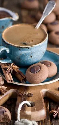 This live wallpaper for your phone features a still life of a cup of coffee on a wooden table, accompanied by delicious cookies