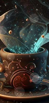 This dynamic phone live wallpaper features a coffee cup emitting a swirl of steam in stunning digital art