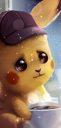 This live wallpaper showcases a cartoon pikachu sitting beside a cup of coffee