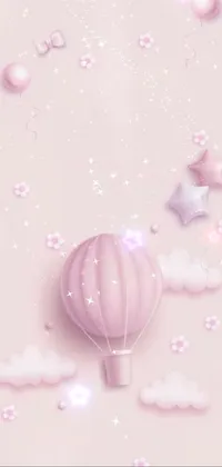 This live wallpaper depicts a pink hot air balloon gently floating amidst a cotton candy background