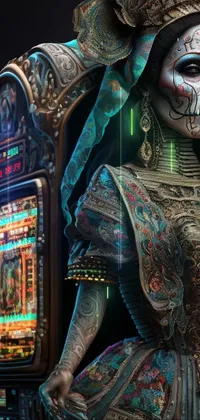 This phone live wallpaper showcases a beautiful statue of a woman sitting in front of a slot machine