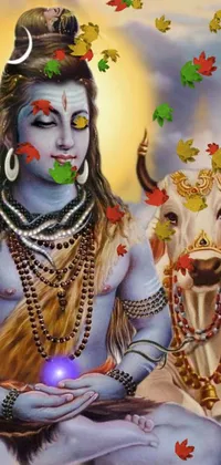 This phone live wallpaper features a detailed painting of a man and a cow, inspired by the Indian deity Shiva