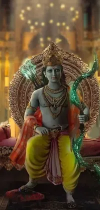 This live wallpaper features a intricately detailed statue of Lord Krishna sitting on a throne in a mystical forest