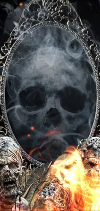This live phone wallpaper showcases a mesmerizing image of a skull reflected in a mirror, emitting smoke
