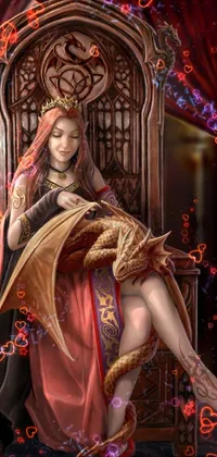 This phone live wallpaper features stunning fantasy art depicting a fierce dragon and noble woman sitting on a golden throne