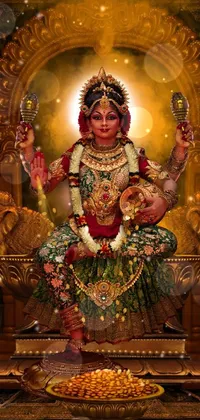 This stunning phone live wallpaper showcases a digital rendering of a Hindu-inspired statue of a woman sitting on a table