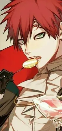This live phone wallpaper showcases a lively character with fiery red hair wearing a vibrant red cape, holding a spoon and enjoying a delicious meal