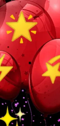This lively phone live wallpaper showcases a stunning display of red balloons embellished with yellow stars drifting across your device