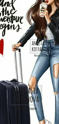 This phone live wallpaper features a striking image of a woman standing beside chic luggage