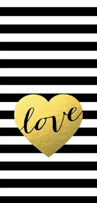 This stunning live wallpaper features a gleaming gold heart set against a bold black and white striped background