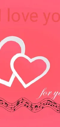 This live wallpaper features two hearts with musical notes on a pink background