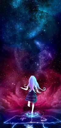 This phone live wallpaper showcases a stunning scene of a girl standing in water against a vibrant galaxy-esque backdrop