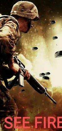 This live wallpaper portrays a uniformed man holding a rifle, staring intensely at the viewer, set against a backdrop of flames and a sky filled with parachutes