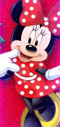 Get whisked away to a world of Disney magic with this lively minnie mouse live wallpaper! In this closeup viral image, Minnie Mouse is captured holding a bright red flower surrounded by a palette of black, white, and bright red colors