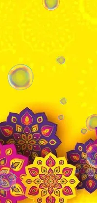 This phone live wallpaper displays a gorgeous design of paper flowers in vector art style set against a bright yellow background