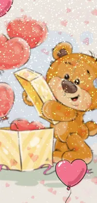 This phone live wallpaper features a charming and adorable cartoon design of a teddy bear opening a gift box against a soft pale background adorned with cheerful balloons