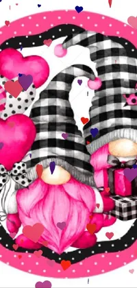 This adorable phone wallpaper showcases a charming digital art design of two gnomes sitting on a pink plate, enhanced with a checkered pattern and heart motifs