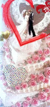 This phone live wallpaper portrays a vibrant wedding cake adorned with heart-shaped accents and a bride and groom figurine on top