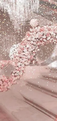 This live phone wallpaper boasts a stunning pink-toned staircase adorned with an abundance of flowers, providing a luxurious and elegant appearance