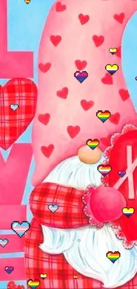 Looking for a cute and charming live phone wallpaper? Look no further than this sweet gnome holding a heart! Perfectly capturing the whimsical style of folk art, this digital rendering features a full-color airbrushed painting on canvas with a pink heart background