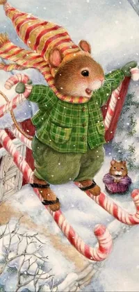 Enjoy the festive mood on your phone screen with this live wallpaper featuring a delightful painting of a mouse holding a candy cane