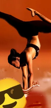 This phone live wallpaper showcases a digital rendering of a woman doing a handstand on a surfboard