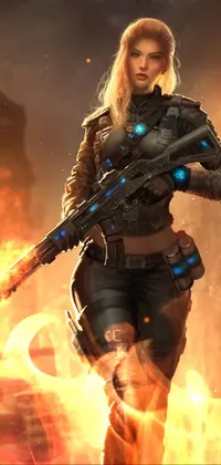 Looking for an edgy and captivating phone live wallpaper? Check out this digital art masterpiece! Featuring a fierce blonde armed with a gun and fire powers, this futuristic wallpaper is perfect for those seeking a bold and striking look for their phone
