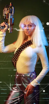 This mobile live wallpaper features an accurate photograph of a woman in a sci-fi pinup costume holding a gun, with a cybernetic processor in iridescent colors in the background