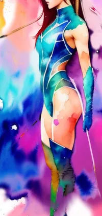 This phone live wallpaper features a colorful watercolor painting of a female ninja equipped with a bow and arrow