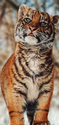 Experience the wonders of nature on your phone with this live wallpaper featuring a cute tiger cub standing in the snow