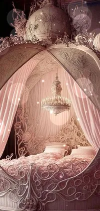 Looking for a romantic and whimsical wallpaper for your phone? Try this 3D live wallpaper featuring a lushly decorated bed with a soft pink canopy in the middle of a Rococo-inspired room